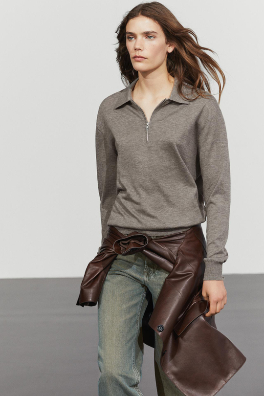 Massimo Dutti Вязаный свитер из шерстяной смеси с застежкой-молнией на четверть длины, темный хаки