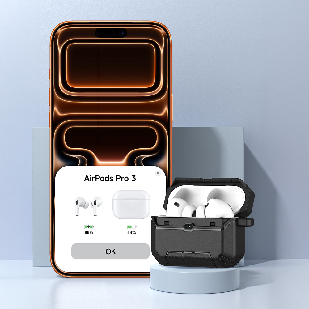 Противоударный чехол черного цвета для наушников AirPods Pro 2, серия PECS Series (с карабином и подставкой) от Dux Ducis