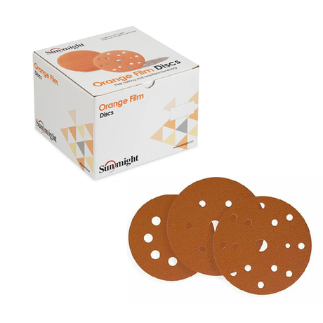 Новинка! Шлифовальные круги 100 шт SUNMIGHT ORANGE FILM Q128OM 150 мм, 15 отверстий, на липучке P 180, оранжевый 21010-100