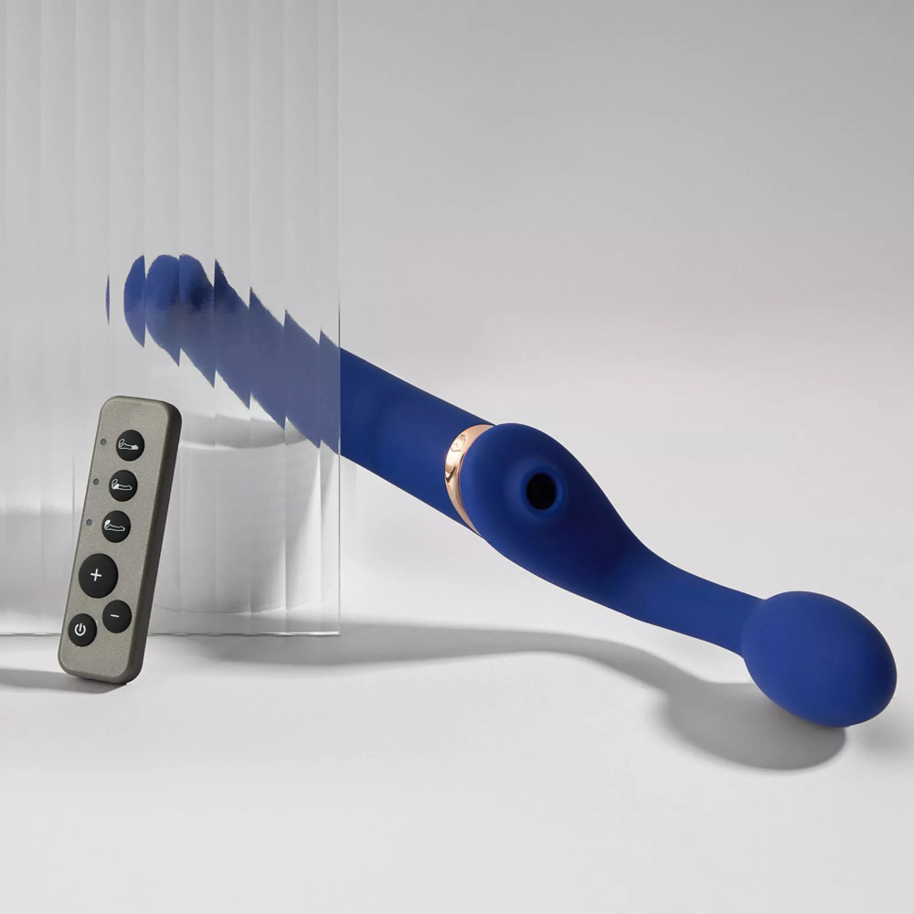 Синий безремневой страпон Multi Orgasm Bendable Strap-On size XL с клиторальной стимуляцией (Цвет: синий)