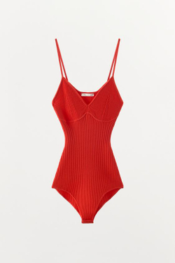 ZARA ТРИКОТАЖНОЕ БОДИ В РУБЧИК, КРАСНЫЙ