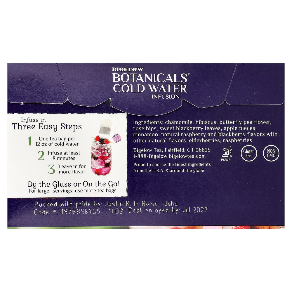 Bigelow, Botanicals®, настой в холодной воде, травяной чай, ежевика, малина и гибискус, без кофеина, 18 чайных пакетиков, 34 г (1,23 унции)