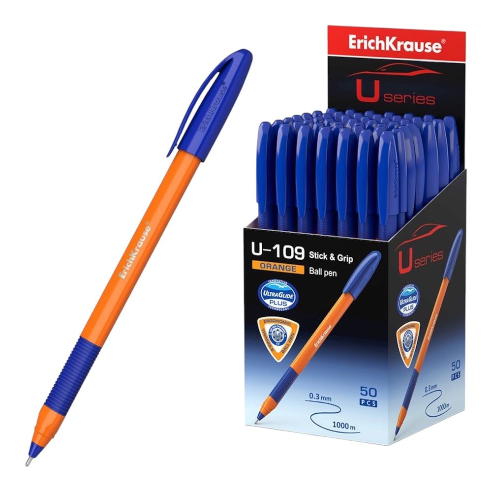 Ручка шариковая ErichKrause U-109 Stick&Grip Orange 0.7, Ultra Glide Technology, цвет чернил синий (в коробке по 50 шт.) Арт-47591