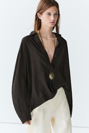 Massimo Dutti Струящаяся рубашка с пуговицами, шоколадный