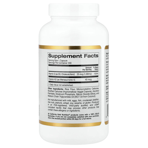 California Gold Nutrition, витамины D3 и К2, 240 растительных капсул