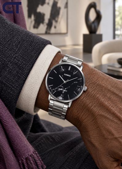 CASIO MTP-VT01DM-1A CASIO Collection мужские наручные часы — мраморный циферблат, тонкий корпус и выразительный минимализм
