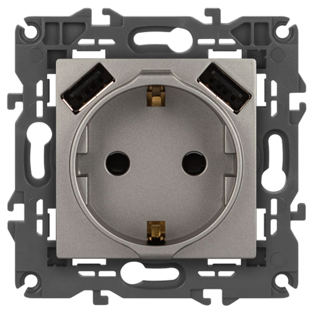Розетка ЭРА Elegance 14-4109-16 2P+E 16A-250В штор. с 2xUSB 5В-3А титан | Розетки и выключатели