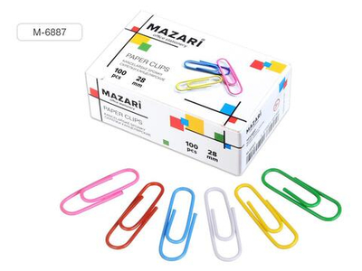 Скрепки канцелярские 28мм. 100шт. цветные (Mazari)