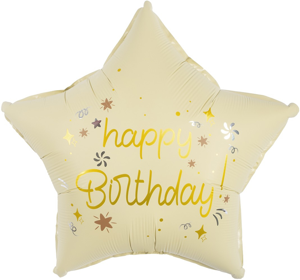Шар (18''/46 см) Звезда, Happy Birthday (звездочки), Кремовый, Сатин, 1 шт. в уп.