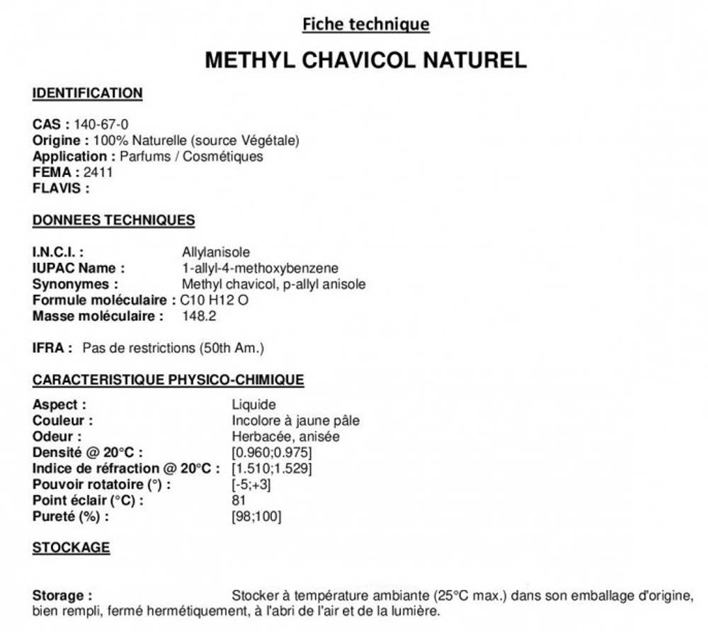 METHYL CHAVICOL NATUREL / МЕТИЛ ЧАВИКОЛ (ЭСТРАГОЛ) CAS 140-67-0