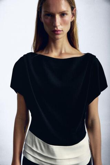 ZARA КОМБИНИРОВАННЫЙ ТОП СО СКЛАДКАМИ, ЧЕРНЫЙ