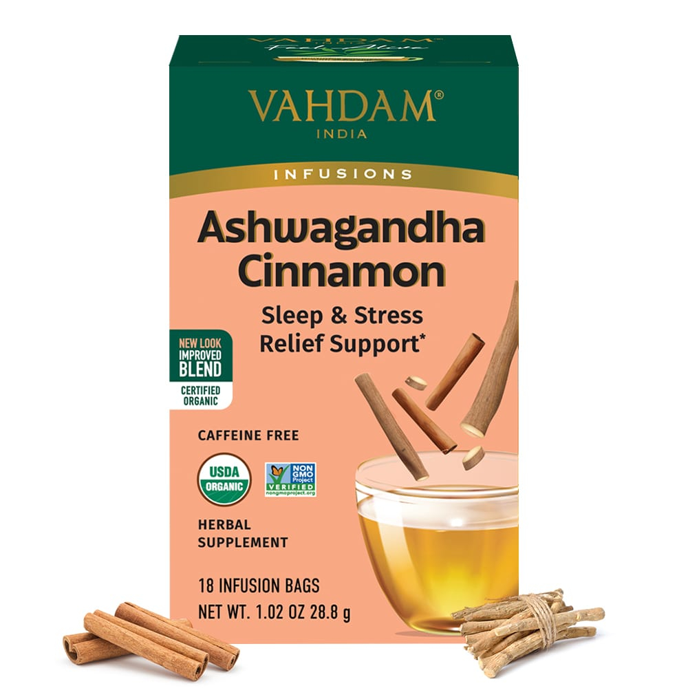 VAHDAM India, Infusions, травяной чай, ашваганда и корица, без кофеина, 18 пакетиков для заваривания, 28,8 г (1,02 унции)