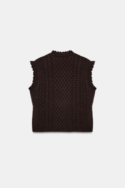 ZARA ТРИКОТАЖНЫЙ ЖИЛЕТ С КОСИЧКАМИ И ВОЛАНАМИ, КОРИЧНЕВЫЙ
