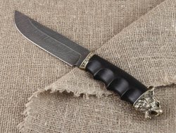Нож "Тигр большой", дамасская сталь, рукоять черный граб мореный, литье голова зверя