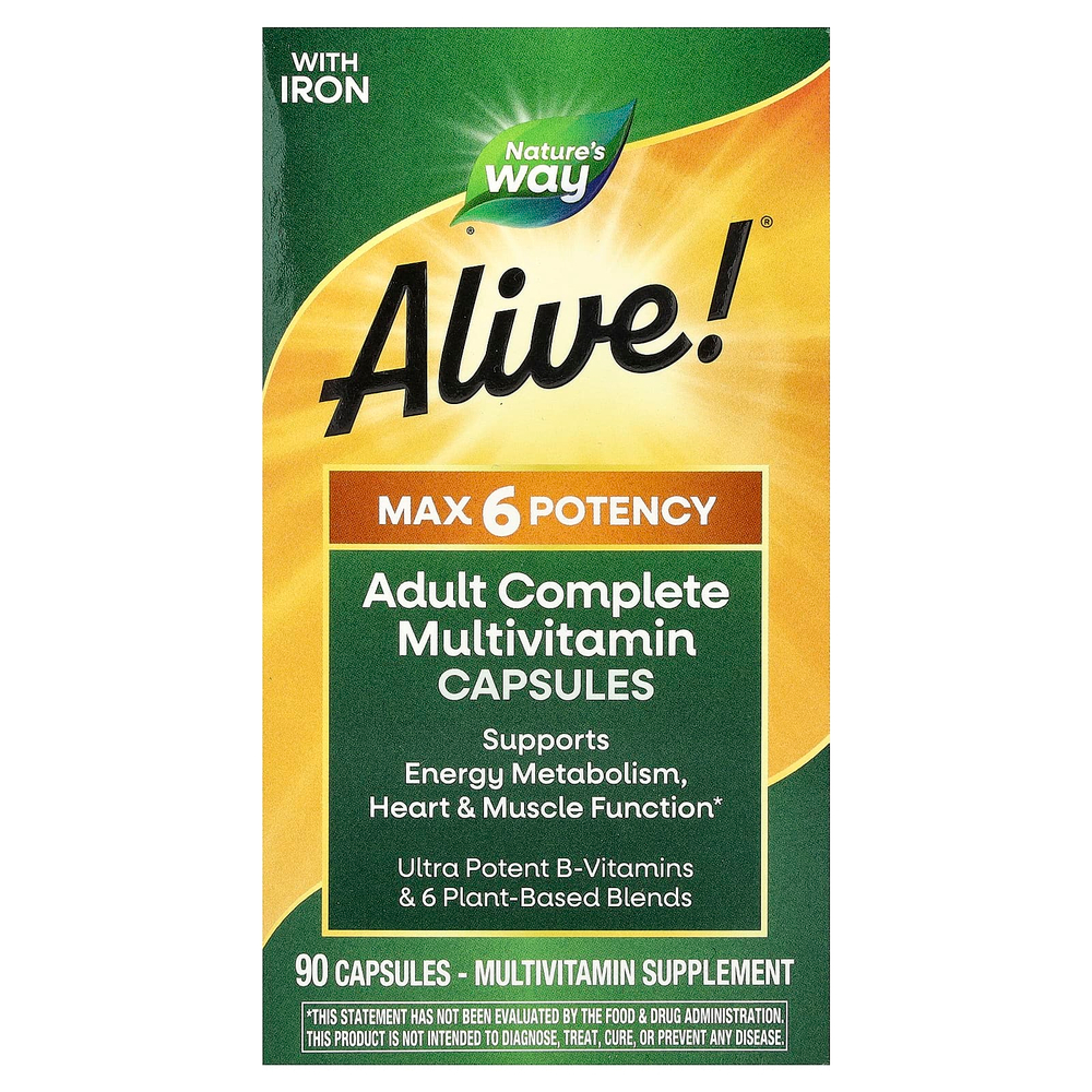 Nature's Way, Alive!® Max 6 Potency, полный мультивитаминный комплекс для взрослых, с железом, 90 капсул