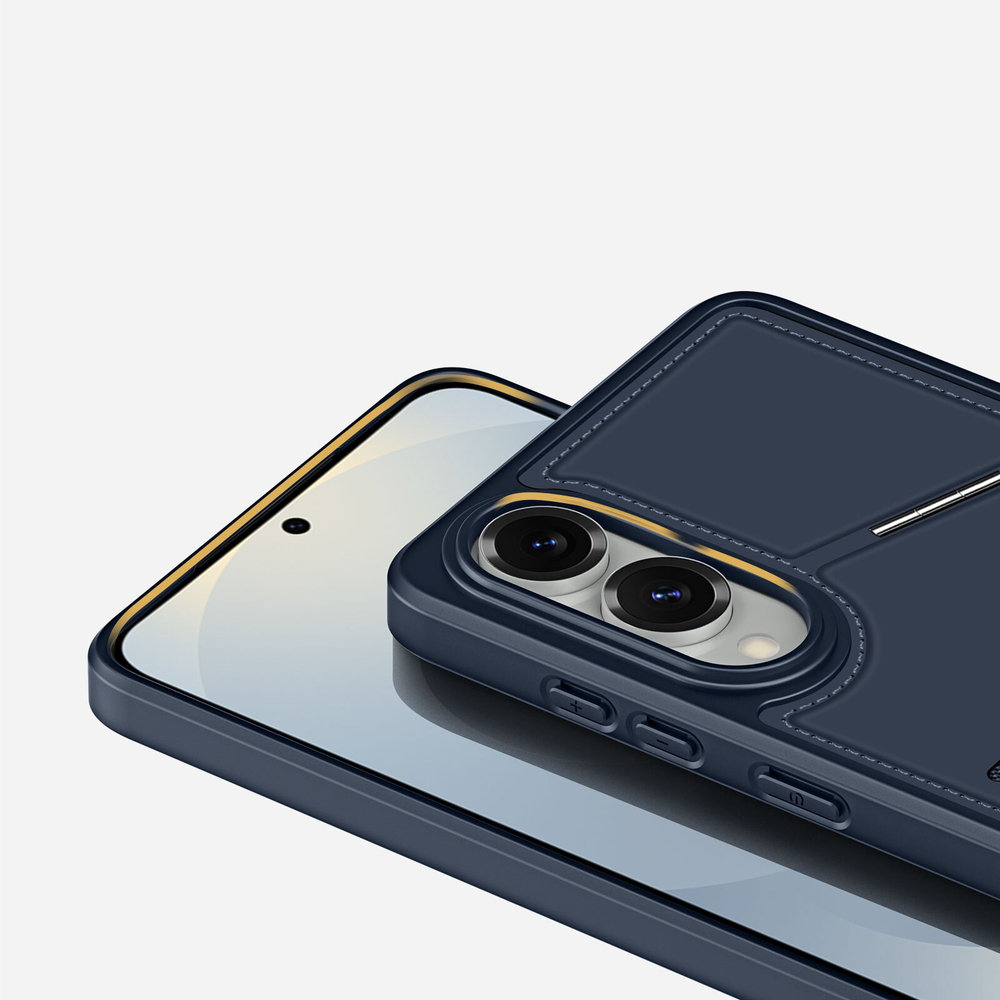Чехол синего цвета с MagSafe и подставкой-картхолдером от Dux Ducis для Samsung Galaxy S25 Edge, серия Rafi II Mag Series