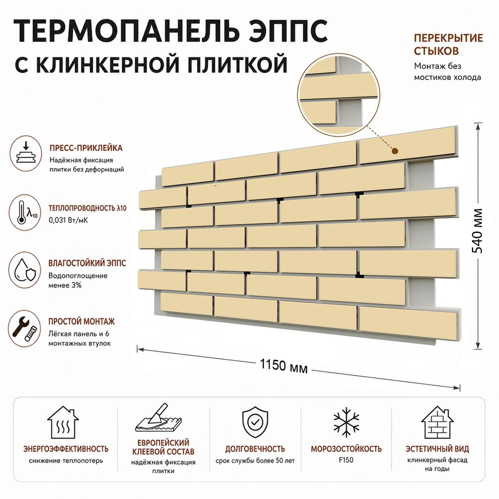 Клинкерная фасадная термопанель ЭППС Береза Керамика Санд Натурал Джи 1150x540