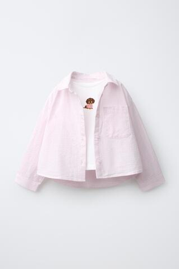 ZARA РУБАШКА В ПОЛОСКУ И ФУТБОЛКА С ВЫШИВКОЙ «ЩЕНОК», КРАСНЫЙ