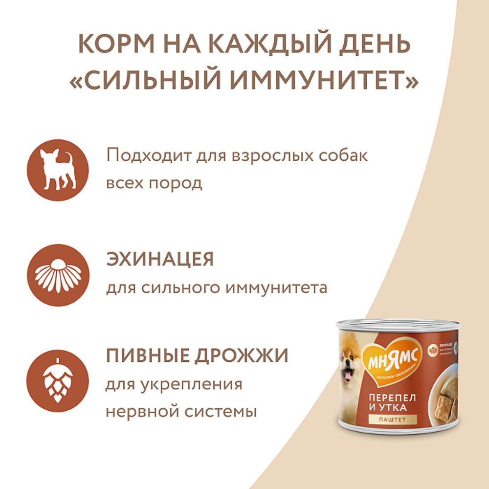 Влажный корм Мнямс На каждый день Паштет из утки и перепела для собак «СИЛЬНЫЙ ИММУНИТЕТ» 200 г