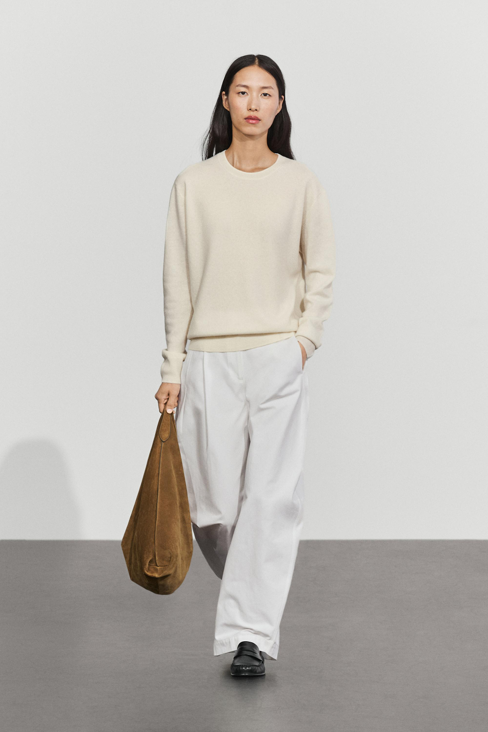Massimo Dutti Вязаный свитер с круглым вырезом из смесовой шерсти, натуральный/кремовый
