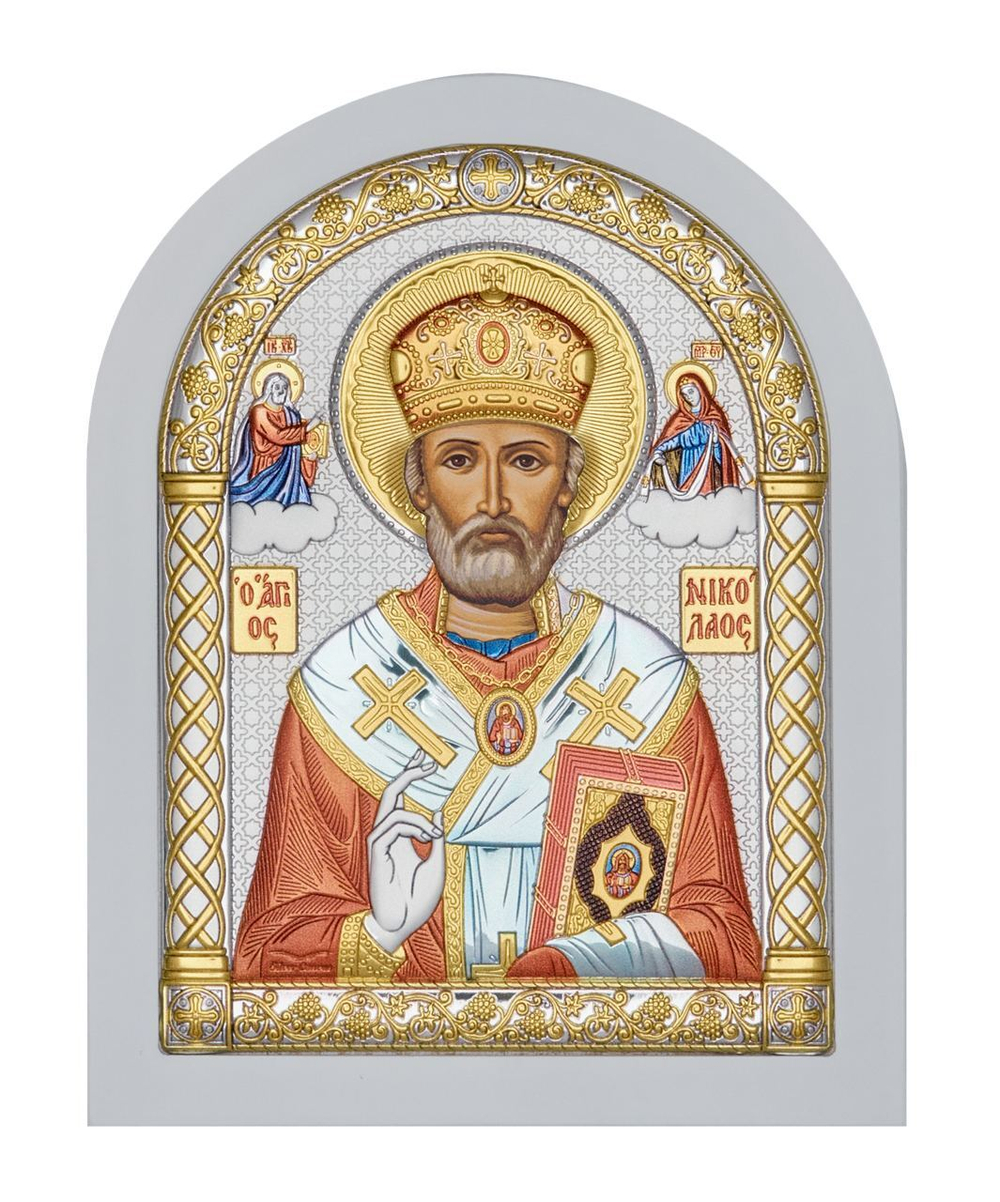 Николай Чудотворец, икона арочная, белое дерево, эмаль 57х75