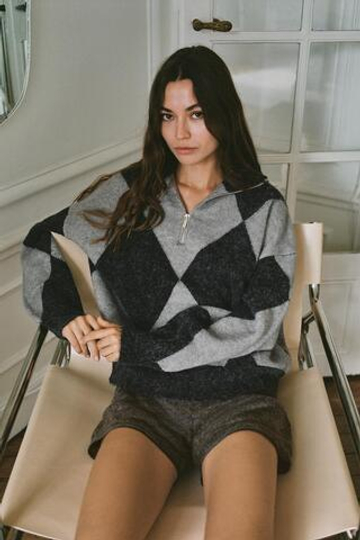 ZARA СВИТЕР С УЗОРОМ «РОМБЫ», СЕРЫЙ