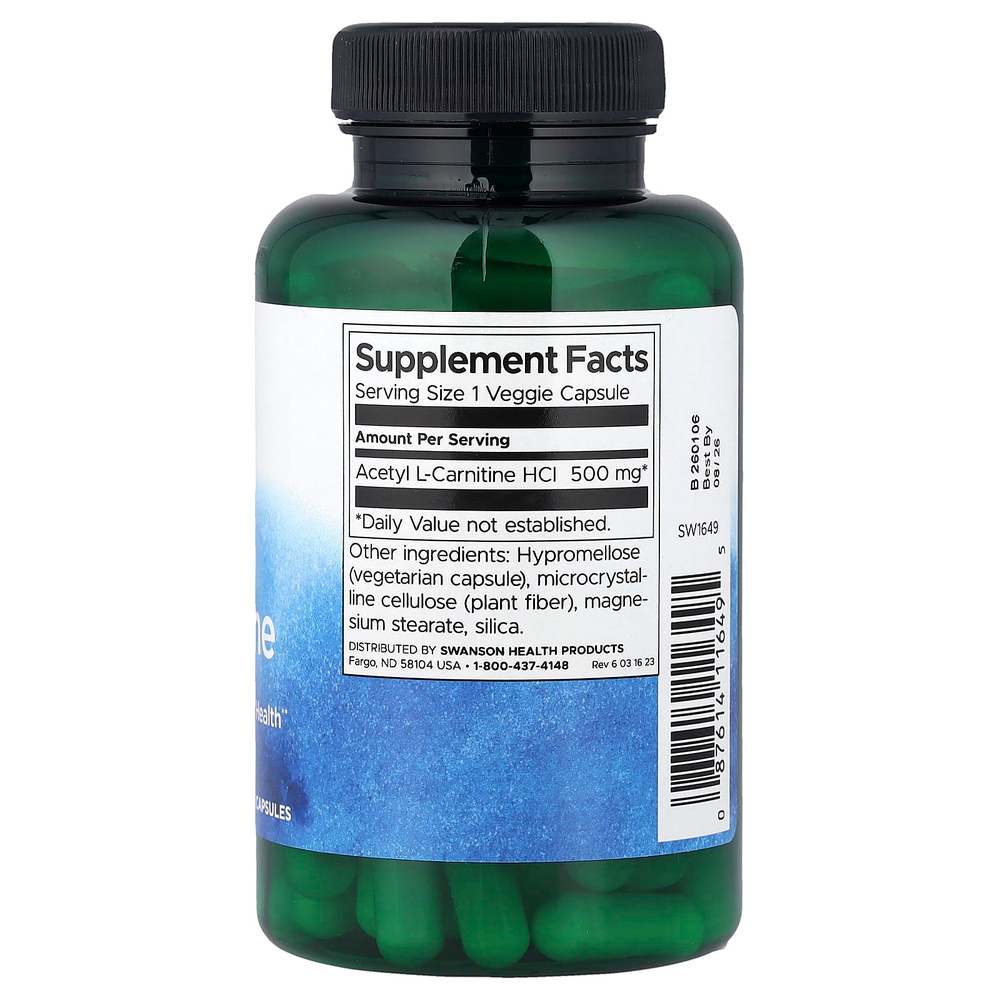 Swanson Vitamins, Ацетил L-карнитин, 500 мг, 100 растительных капсул
