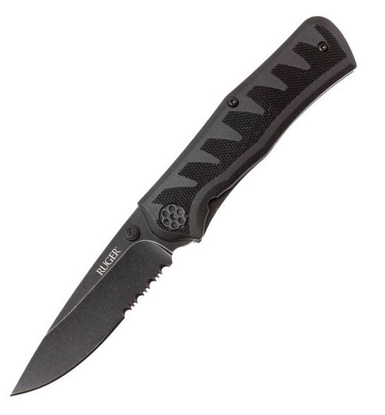 Цена наПолуавтоматический складной нож Ruger® Knives Crack-Shot™ Compact, Ken Steigerwalt Design, лезвие Blackwashed Combo 8Cr13MOV, рукоять термопластик/резина