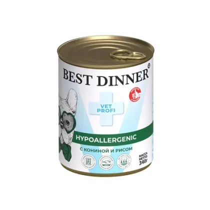 BEST DINNER VET PROFI Hypoallergenic Консервы для собак для профилактики пищевой аллергии , с кониной и рисом, 340 г