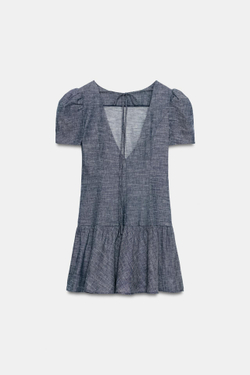 ZARA МИНИ-ПЛАТЬЕ С ОБЪЕМНЫМИ РУКАВАМИ, СИНИЙ