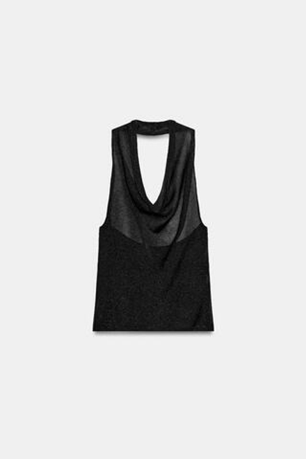 ZARA ТРИКОТАЖНЫЙ ТОП ХАЛТЕР С БЛЕСТЯЩЕЙ НИТЬЮ, ЧЕРНЫЙ