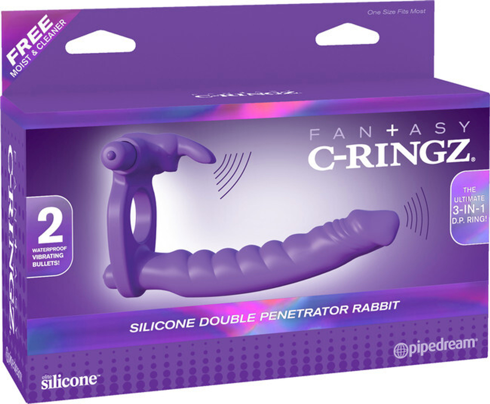 Эрекционное кольцо Silicone Double Penetrator Rabbit с анальным фаллоимитатором (Цвет: фиолетовый)