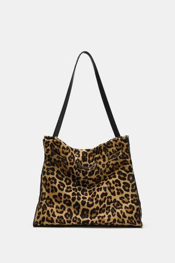 ZARA КОЖАНАЯ СУМКА НА ПЛЕЧО С ПРИНТОМ, ЛЕОПАРДОВЫЙ