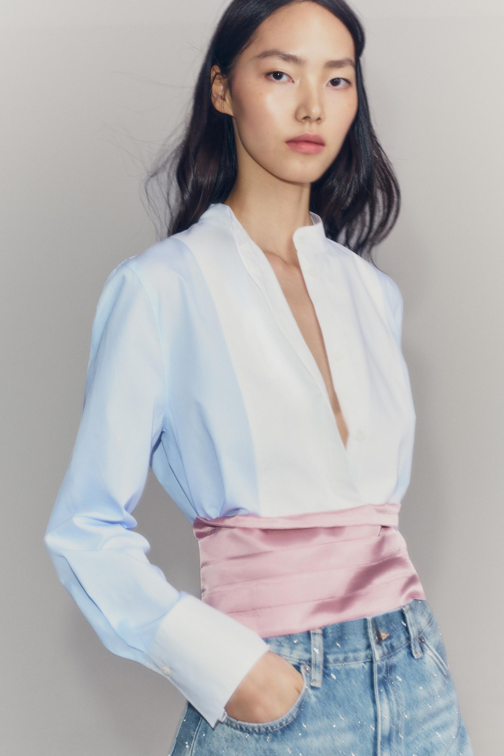 ZARA РУБАШКА В ПОЛОСКУ С МАНИШКОЙ ZW COLLECTION, СИНИЙ/БЕЛЫЙ