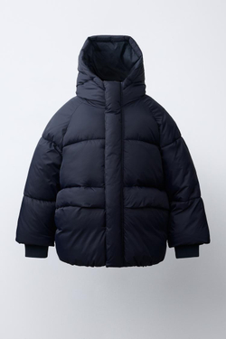 ZARA СТЕГАНАЯ КУРТКА С КАПЮШОНОМ WATER REPELLENT, МОРСКОЙ СИНИЙ
