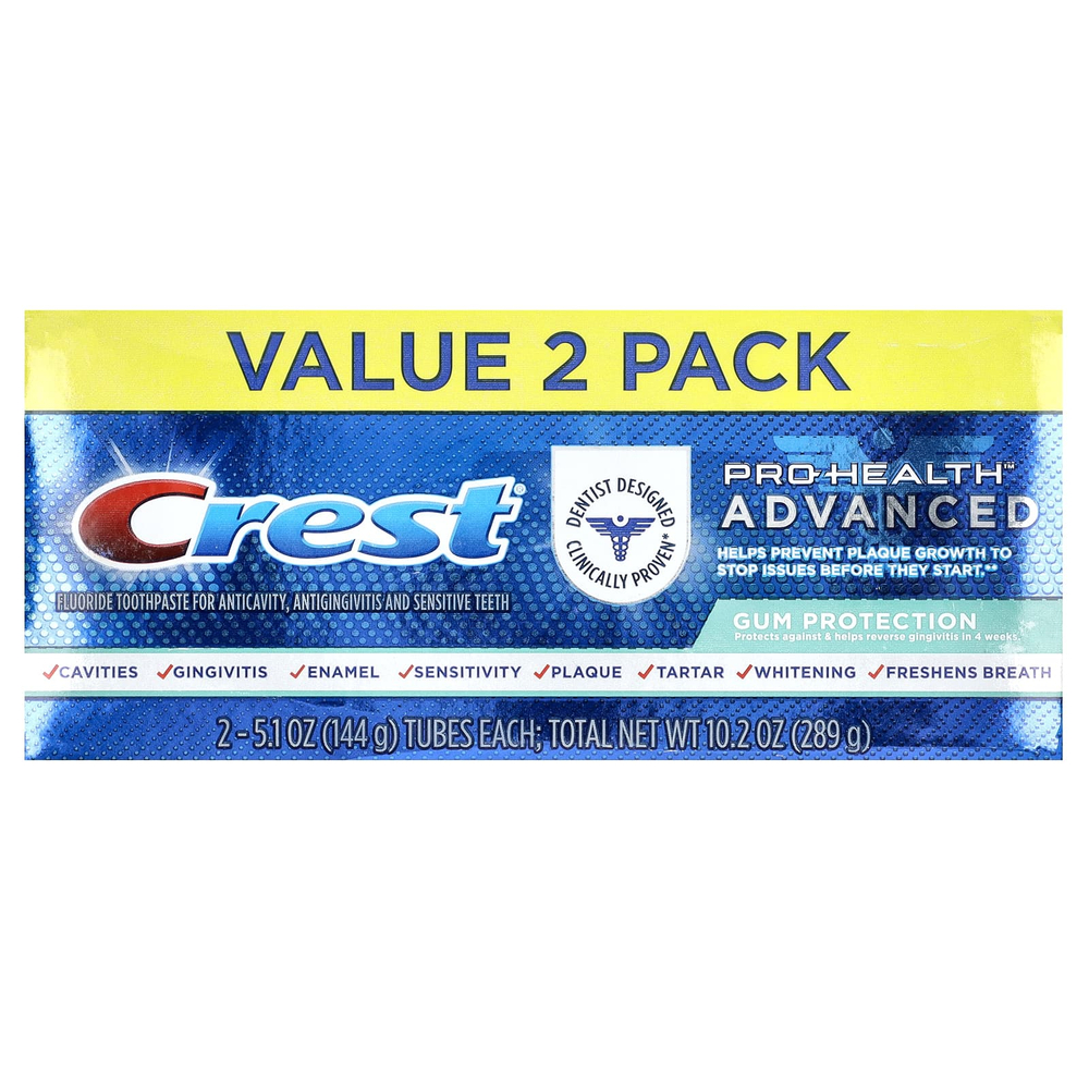 Crest, Pro Health, улучшенная зубная паста с фторидом, защита десен, 2 тюбика по 144 г (5,1 унции)