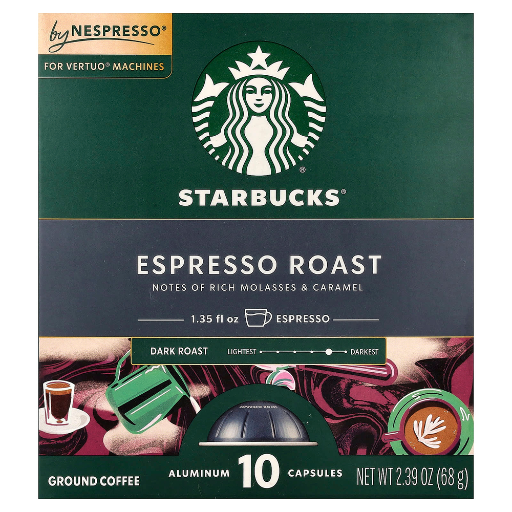 Starbucks, Nespresso®, эспрессо, обжаренный, молотый, темная обжарка, 10 алюминиевых капсул
