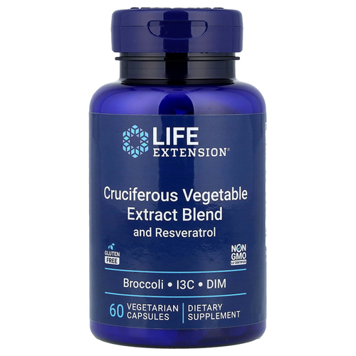 Life Extension, смесь экстрактов крестоцветных овощей с ресвератролом, 60 вегетарианских капсул