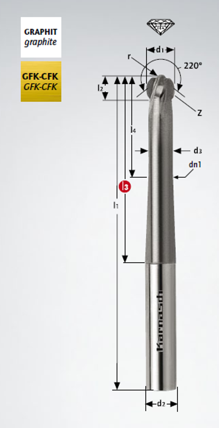 3D-фреза концевая KARNASCH 6,0х3,0х60х100х6 z=4 арт. 306556060030