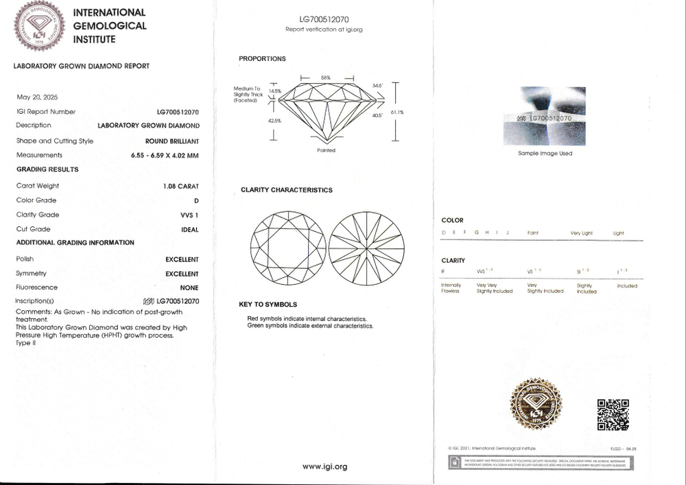 Лабораторно-выращенный бриллиант Кр-57 6.55-6.59 мм D/VVS1 1.08 ct