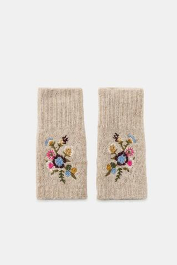 ZARA МИТЕНКИ С ВЫШИВКОЙ, ПЕСОЧНЫЙ