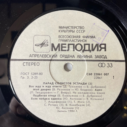 Винтажная виниловая пластинка LP Сборник Парад Солистов Эстрады 3 (СССР 1985) (Пугачева, Хоралов, Антонов и др)