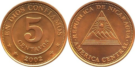 Никарагуа 5 сентаво, 2002 Герб - пирамида UNC