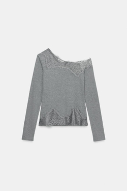 ZARA АСИММЕТРИЧНЫЙ ТОП С КРУЖЕВОМ, СЕРЫЙ МЕЛАНЖ