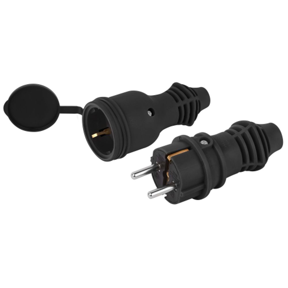 Набор вилка+розетка ЭРА VX13-B-IP44 + RX11-B-IP44 каучуковые c заземлением 16А IP44 прямые черные | Штепсельные вилки и розетки