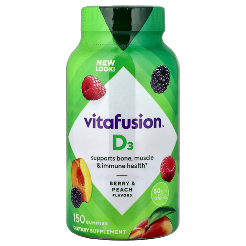 VitaFusion, витамин D3, с ягодным и персиковым вкусом, 150 жевательных таблеток (25 мкг в 1 таблетке)