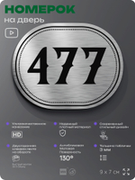 Номерок на дверь квартиры 477, для кабинета, офиса, шильдик 9 х 7 см, брашированная сталь, Айдентика Технолоджи