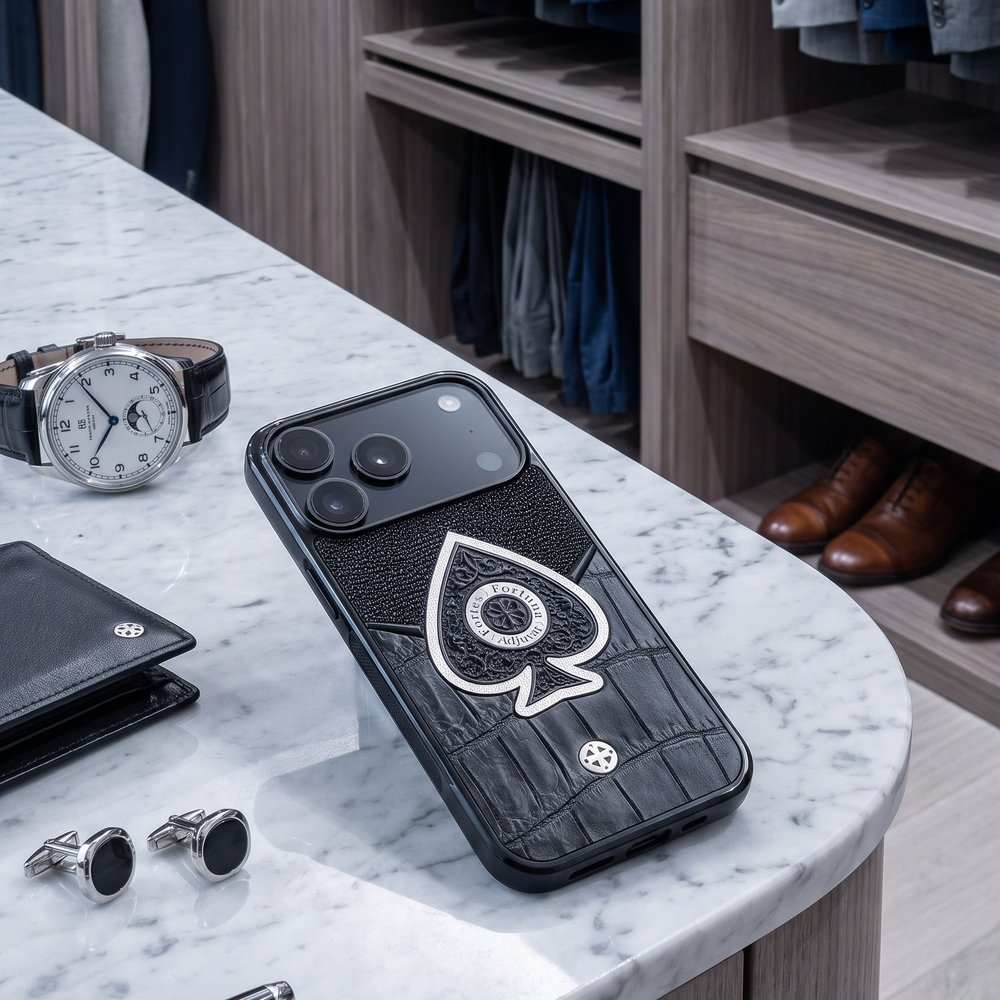 Чехол для iPhone 18 Pro Euphoria Ace of Spades LUX на мраморном острове мужской гардеробной — кожа крокодила и ската, ювелирная вставка туз пик Fortes Fortuna Adjuvat, рядом механические часы, запонки и кожаный кошелёк, премиальный мужской аксессуар ручной работы Euphoria HM