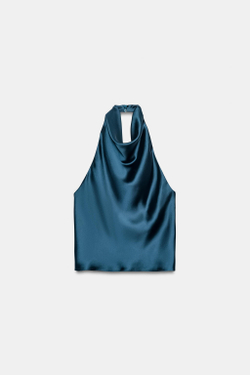 ZARA АТЛАСНЫЙ ТОП С ГОРЛОВИНОЙ ХАЛТЕР, МОРСКОЙ СИНИЙ