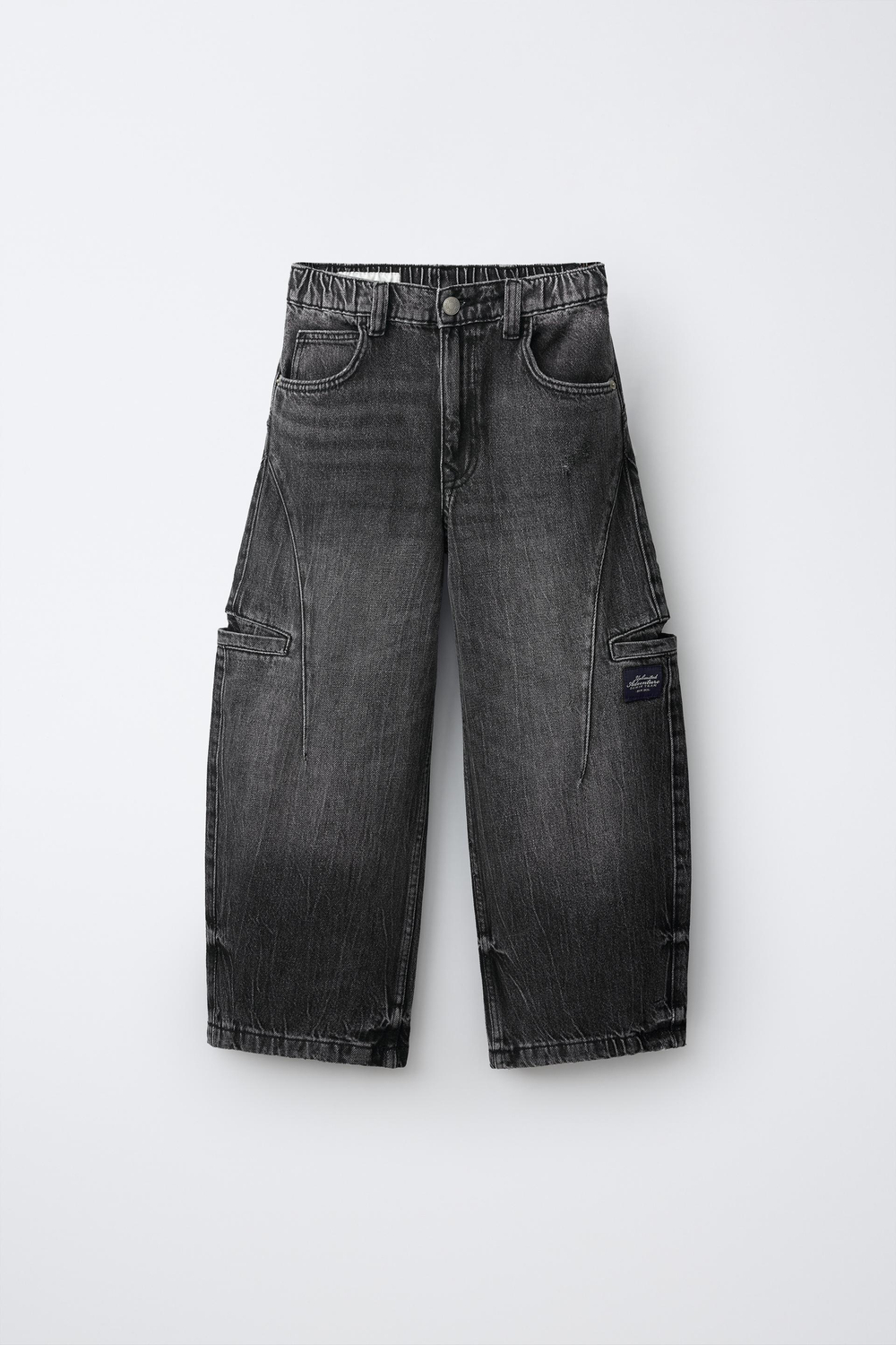 ZARA БРЮКИ BARREL КАРГО С НАШИВКОЙ, ЧЕРНЫЙ